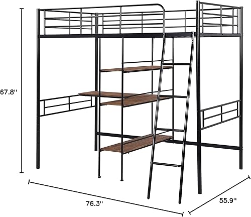 Miniatura 8 de DNYN Cama alta de tamaño individual con escritorio y 3 estantes para niños marco de cama de acero metálico con escalera y barandillas de seguridad