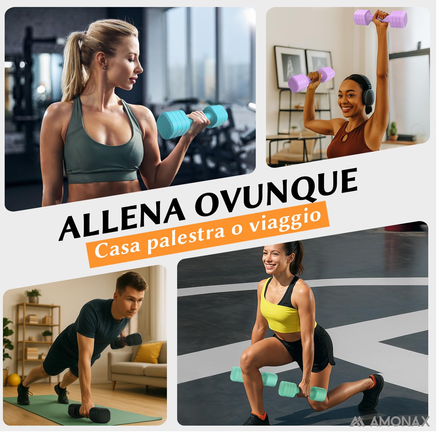Amonax Pesi Palestra Manubri Regolabili 4 in 1, Set di pesas 1kg/1.5kg/2kg/2.5kg per Uomo e Donna, Kit Pesi Palestra per Casa, Manubri Palestra Compatti per Allenamento di Forza e Fitness Quotidiano