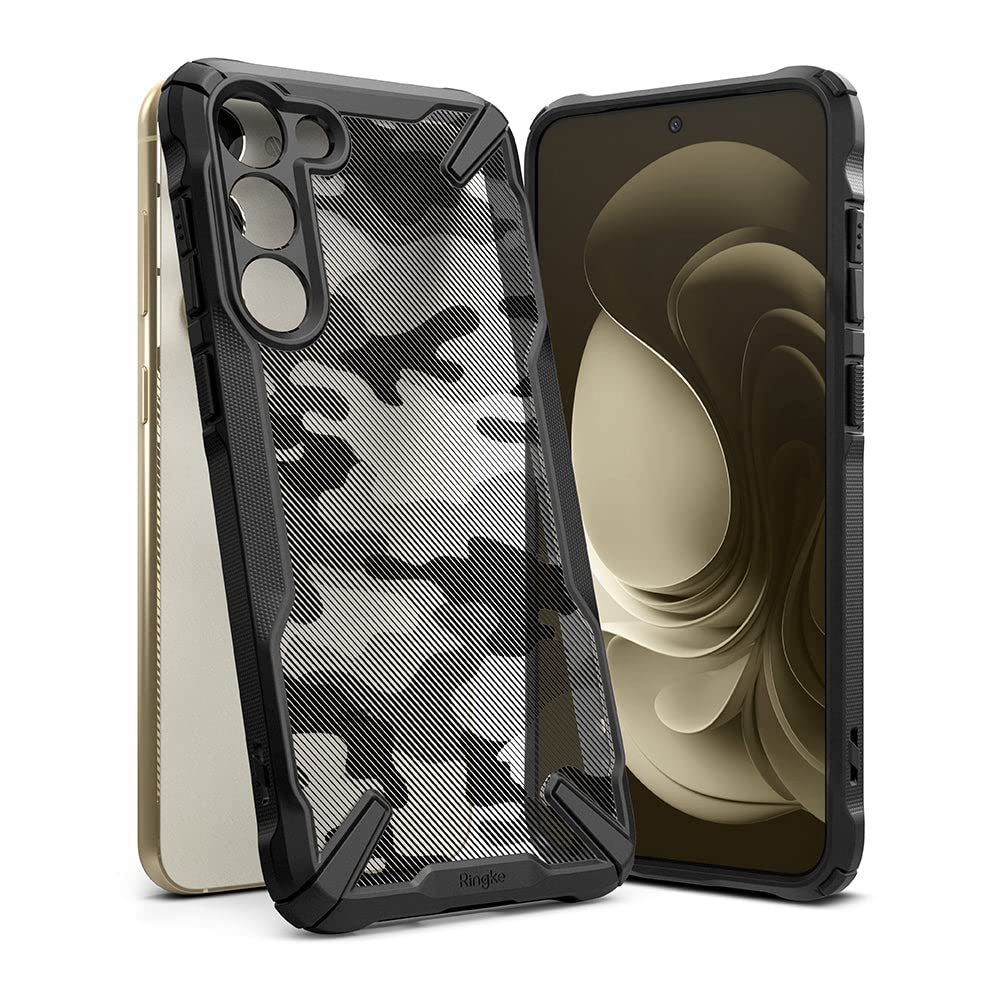 RingkeFusion-X Case Compatible with Samsung Galaxy S23 Plus 5G Case (2023), Clear Hard Back with Shockproof Protective Bumper Phone Cover for S23 Plus - Camo Black