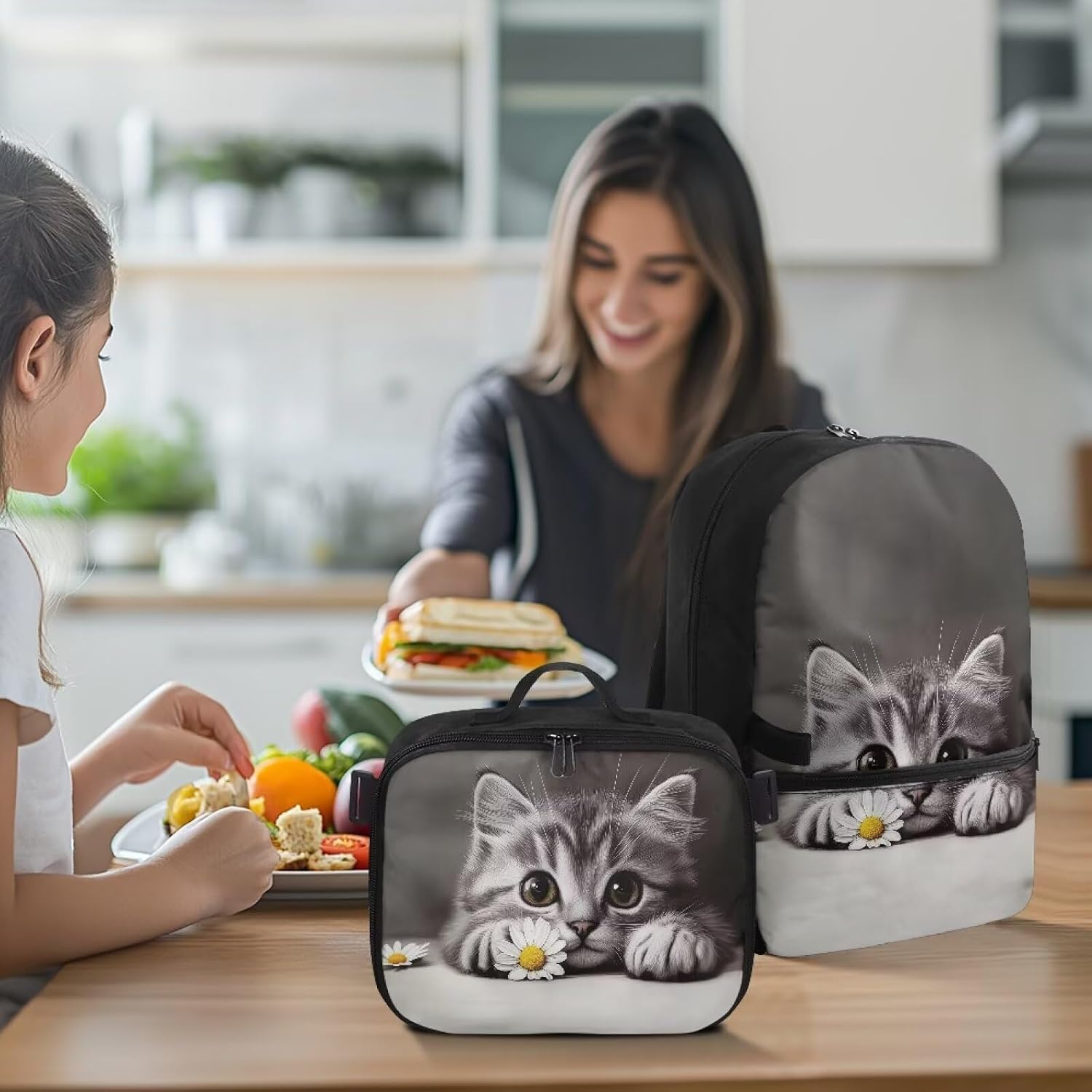 Rnyleeg Cute Cat Backpack for Girls with Lunch Box 17 inch Kids Backpack for Girls Age 8-10 Lightweight School Bag for Primary School Mochilas Para NiñA