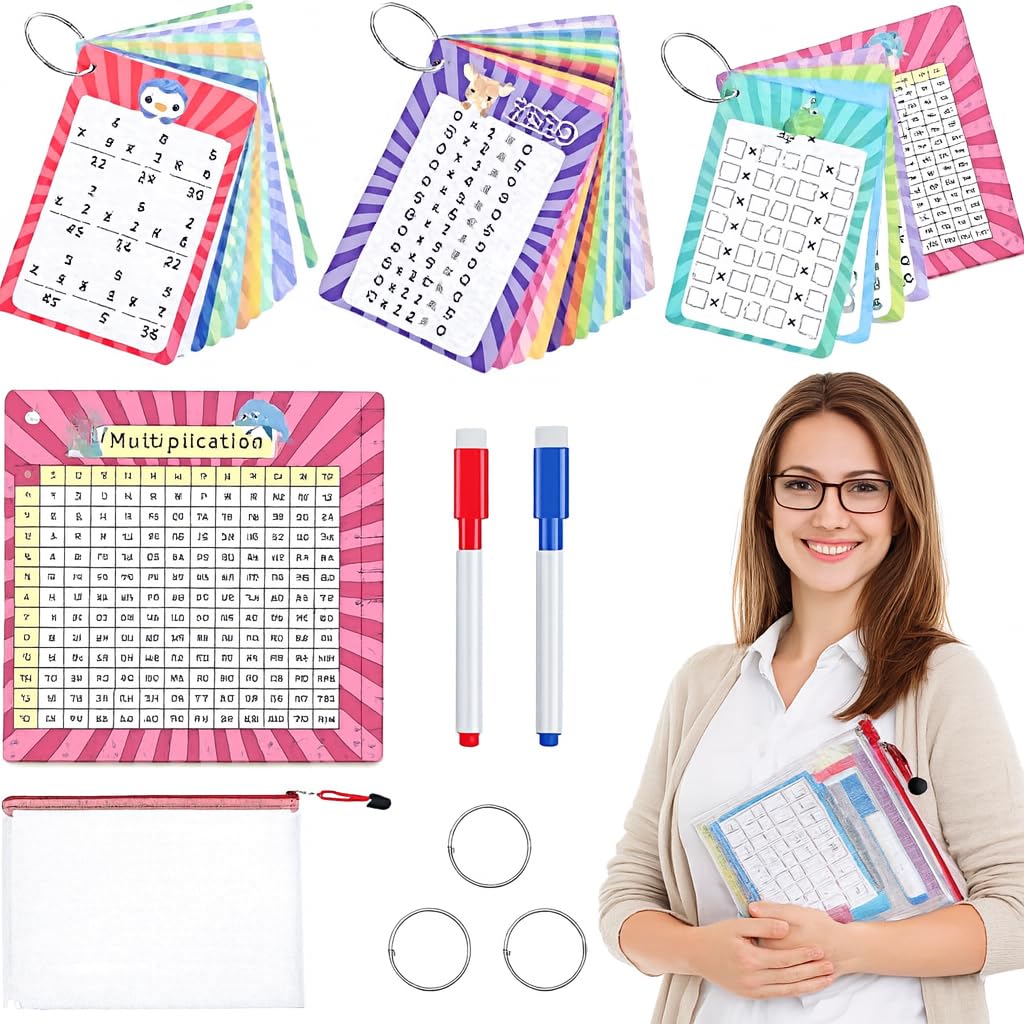 31 Pcs Multiplication Flash Cards Times Table Flash Cards, Math Problems from Easy to Hard, Multiplication Chart with 2 Dry Erase Markers 3 Rings Math Flashcards