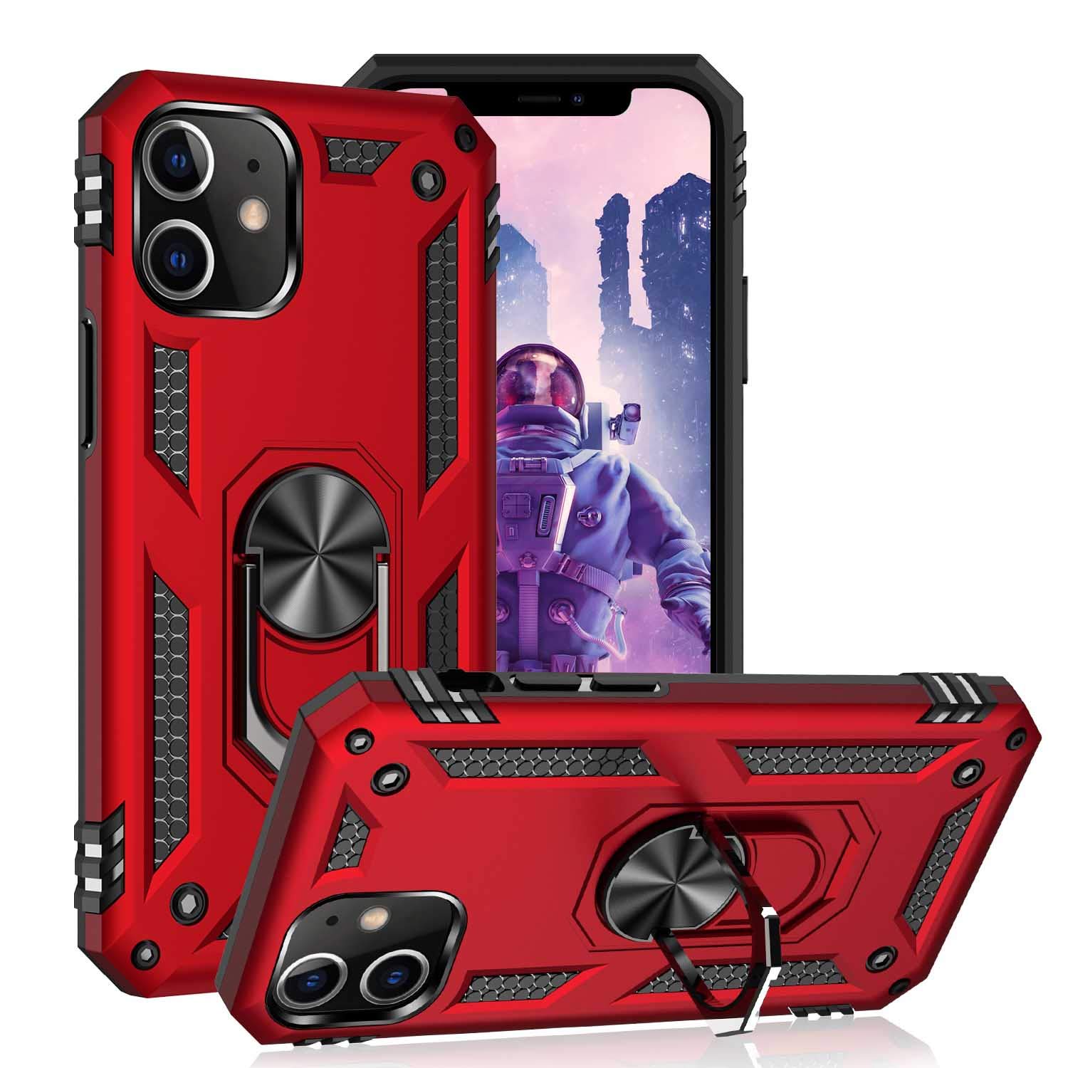 KUAWEIFor iPhone 12 Pro Max Case, Dual Layer Military Protective Mobile Phone Case with Stand Function and Car Holder Function for iPhone 12 Pro Max 6.7 Inch (Red)