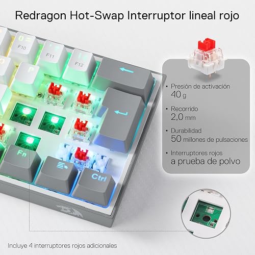 Redragon K617 Fizz 60 % Disposition QWERTY ES Clavier Gaming, LED éclairage Clavier de jeu avec câble USB-C, clavier ultra-compact 62 touches, Hot Swap commutateurs rouges- pour PC/Windows - 4