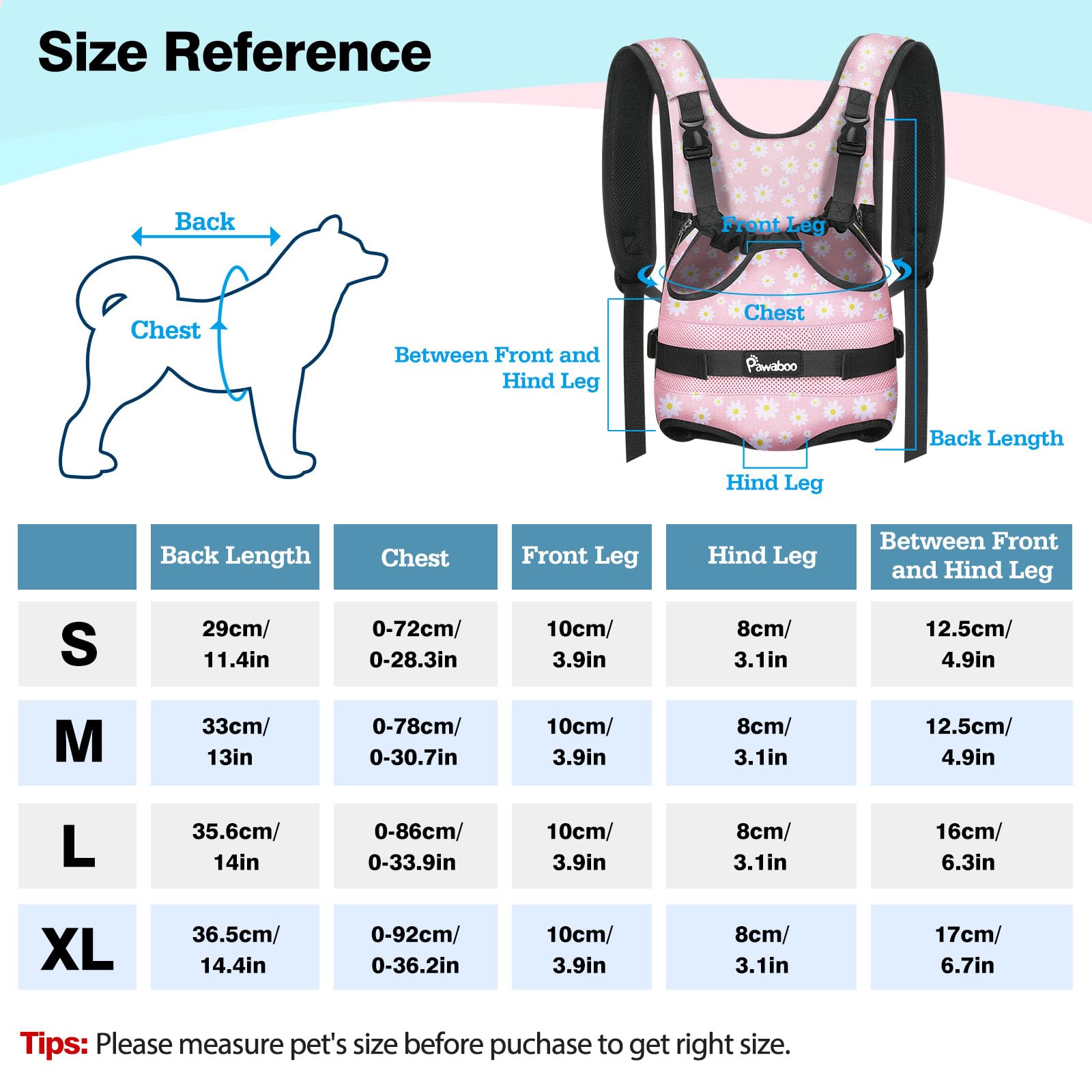 Pawaboo Zaino Frontale per Cani, Trasportino per Cani con Zampe Fuori, Pettorina Regolabile Facile da Indossare per Canis di Taglia Piccola e Media, Mani Libere per Viaggi, M, Margherita Rosa