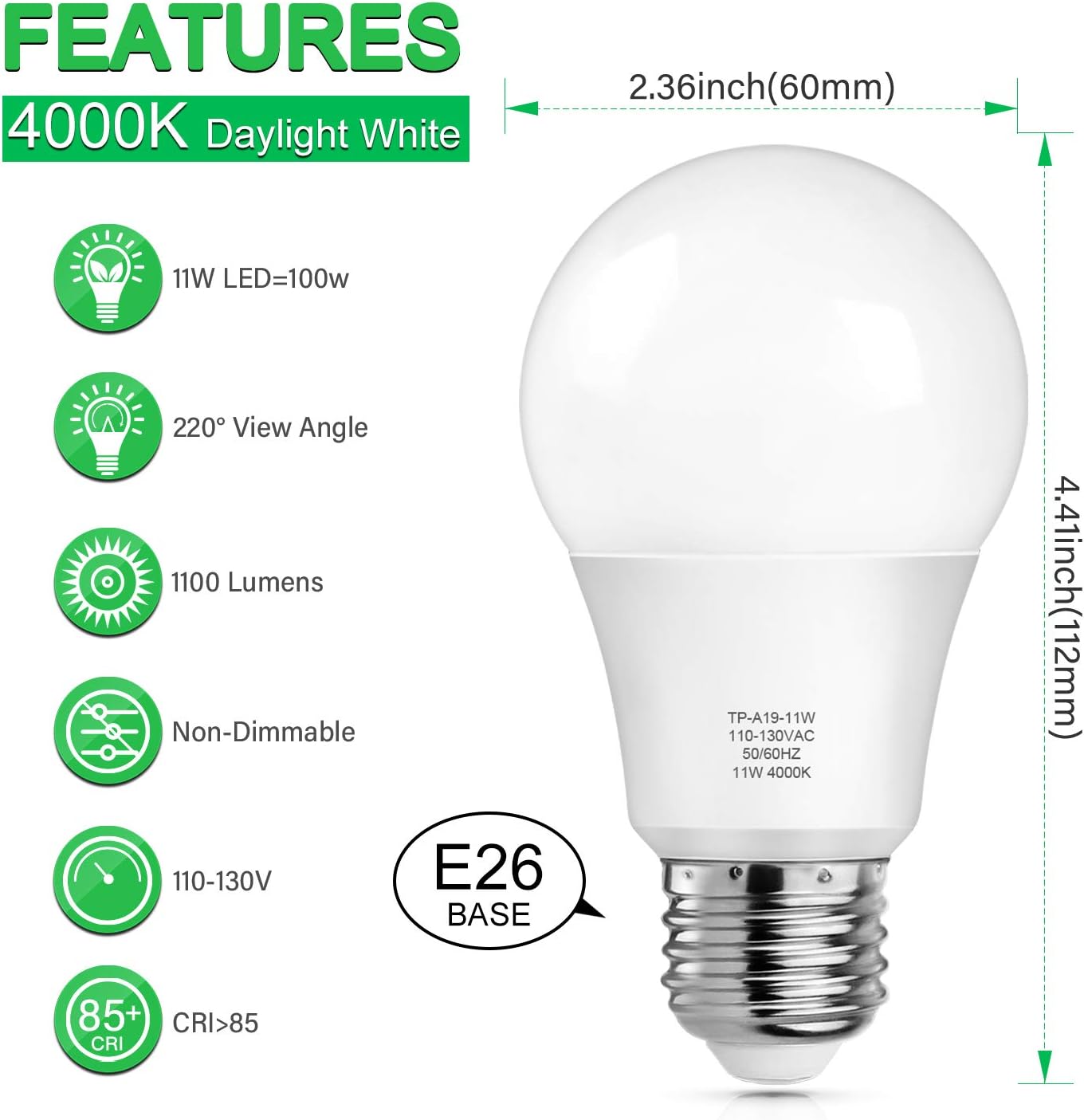 SunRider A19 LED Light Bulbs, 100 Watt Equivalent LED Bulbs, 4000K Daylight White, 1100 Lumens, Standard E26 Medium Screw Base, CRI 85+, 25000+ Hours Lifespan, No Flicker, Non-Dimmable, Pack of 12