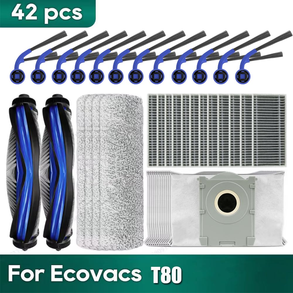 Kit de 42 accesorios para aspiradora robot T80 para aspiradora Ecovacs T80, 2 cepillos principales, 4 rodillos de trapo, 12 cepillos laterales, 12 filtros, 12 bolsas de polvo (juego 3)