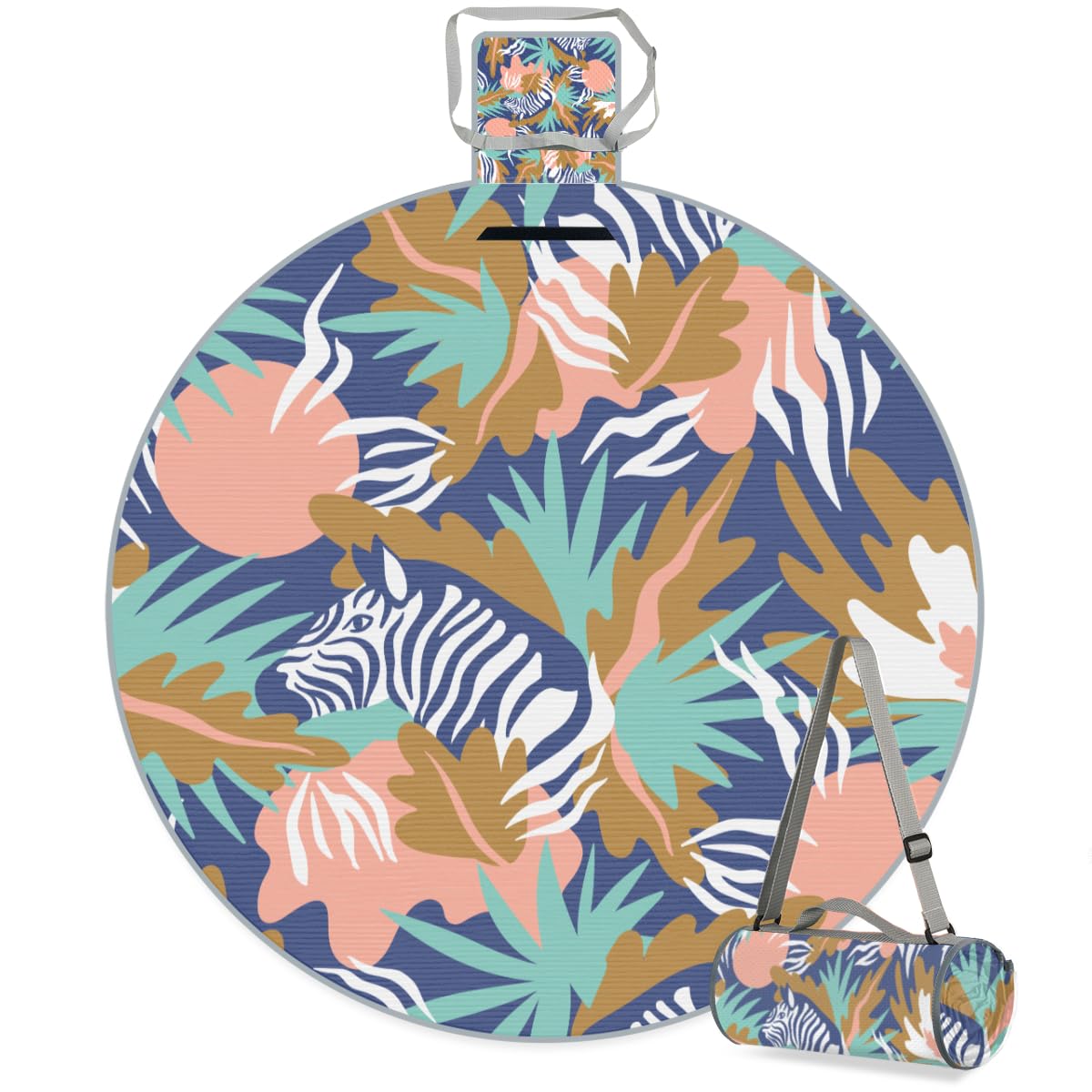 Shimoshe Zebra Leaf Picnic Outdoor Blanket Foldable Waterproof Sandproof Beach Blanket Portable Water-Resistant Round Picnic Mat for Travel Camping Park Lawn