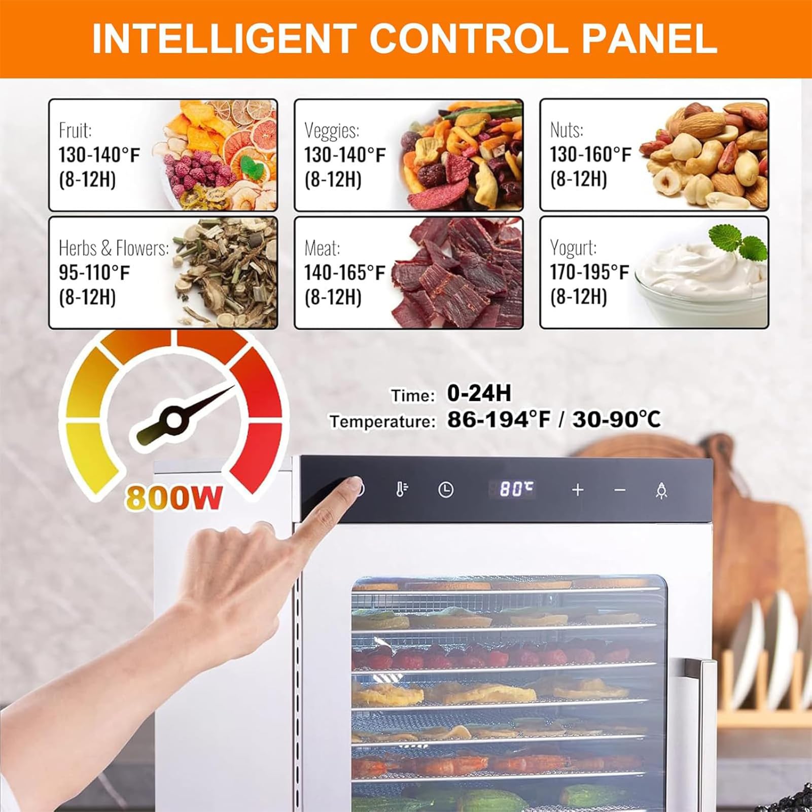Deshidratador De Alimentos Acero Inoxidable 8/10 Bandejas, Deshidratadora De Frutas, Temperatura Ajustable 30-90℃, Temporizador 24h, Pantalla Led, para Carne, Fruta, Snacks Perros, Hierbas