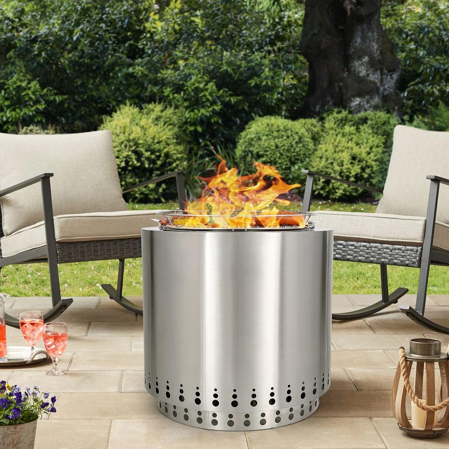 Sophia & William Smokeless Wood Burning Outdoor Fire Pits Stove, 17" Round SUS304 Stainless Steel Bonfire Firepits with Removable BBQ Grill, Fire Porker and Cover, Heat Resistant & Double Insulation
