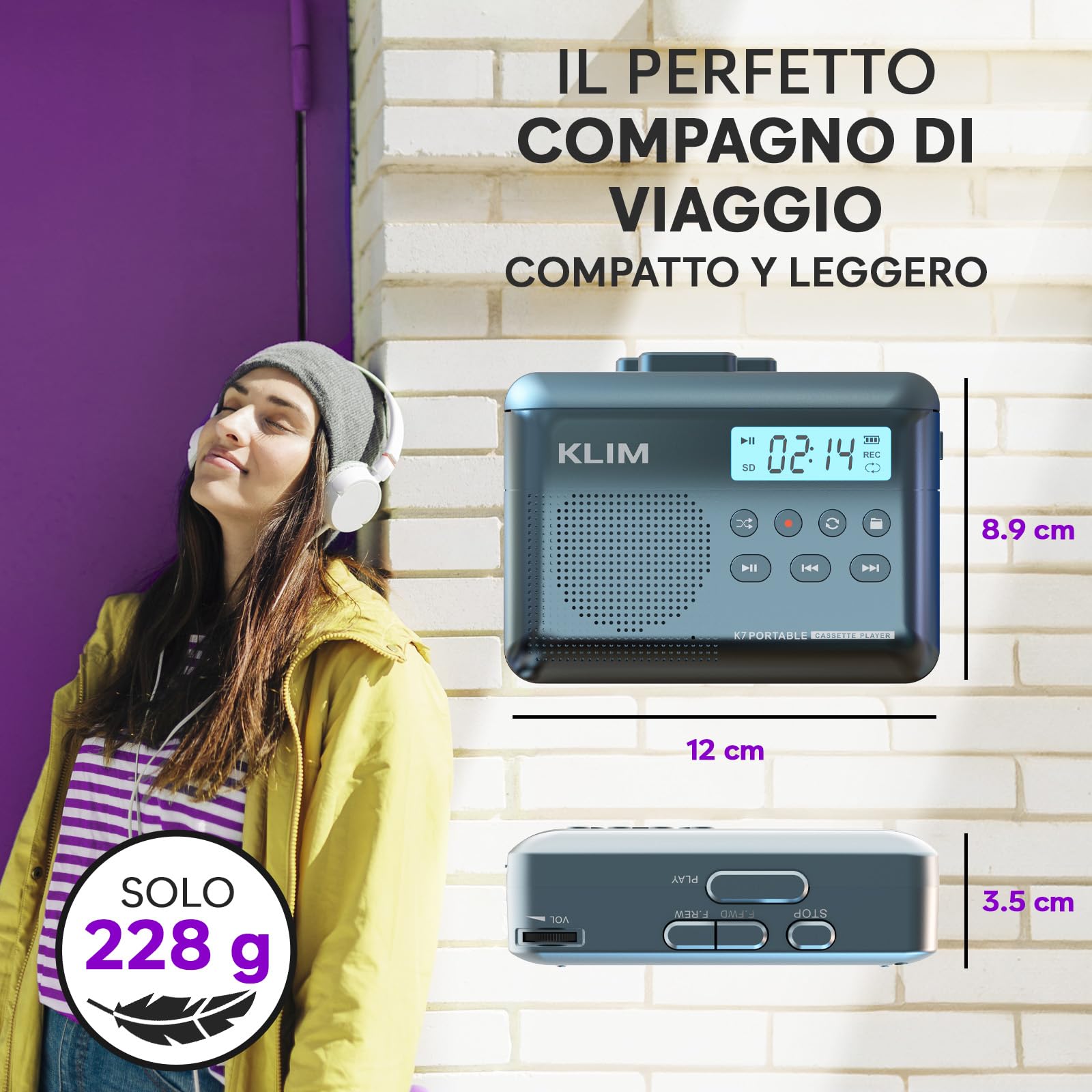 K7 Cassette Player - Convertitore Cassette MP3 - Lettore Cassette Audio Portatile - Microfono e Altoparlante Incorporati - Batteria Ricaricabile - Auricolari - Scheda SD da 16 GB - Blu