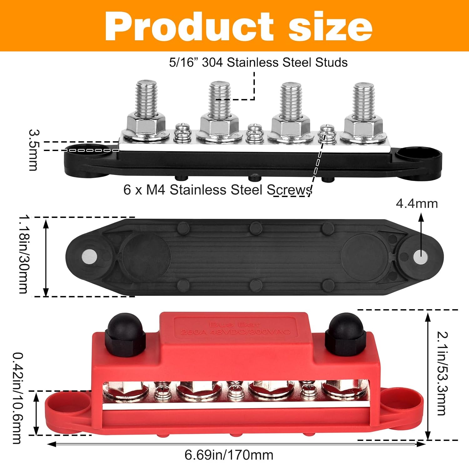 Power Distribution Block 12V 250A Bus Bar 4 x 5/16" Stud Marine, 6 x #8 Screws Terminals Block (Pair - Red & Black)