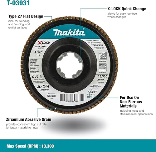 Miniatura 8 de Makita T-03931 X-Lock 412" 60 Grit Type 27 Disco plano de mezcla y acabado para X-Lock y todas las amoladoras de eje de 78"