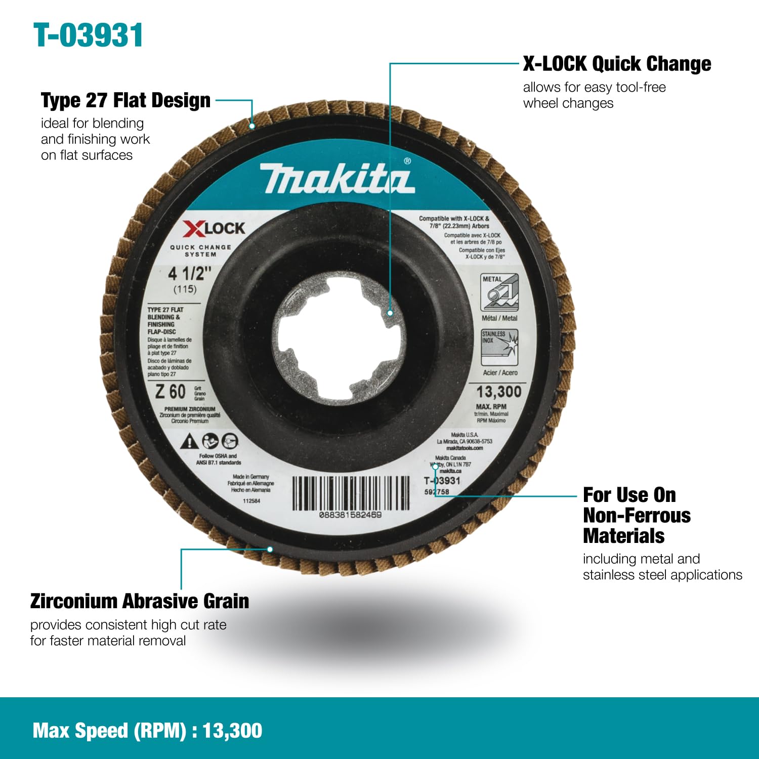 Makita T-03931 X-Lock 4-1/5.1 cm 60 Grit Type 27 płaska tarcza do mieszania i wykańczania do X-Lock i wszystkich szlifierek trzpieniowych 7/20.3 cm
