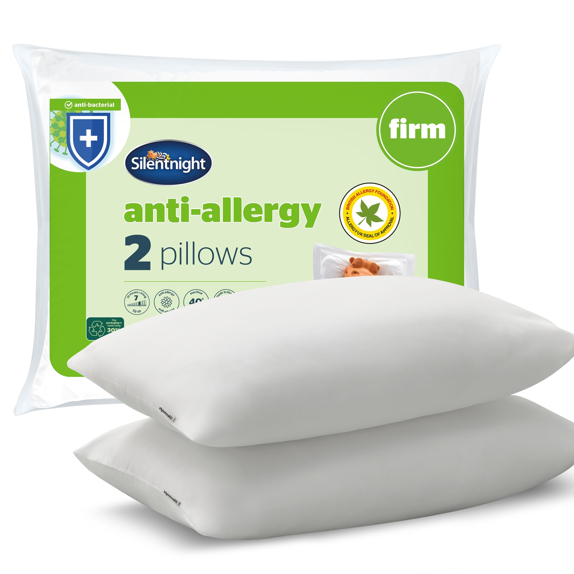 Silentnight Anti Allergy Firm Pillows 2 Pack – Firm Support Pillows with Fibre Core Ideal for Side Sleepers and Neck and Shoulder Pain Relief – Hypoallergenic – Pack of 2,White