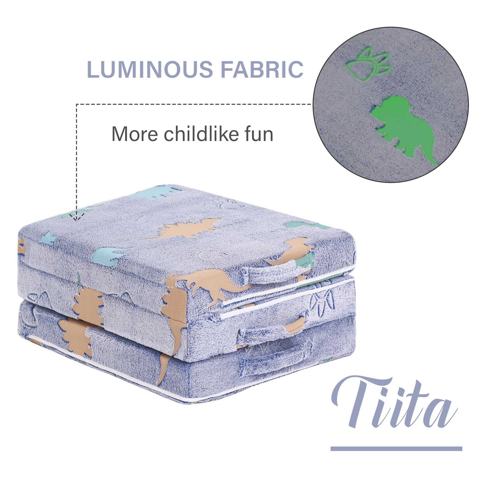 Colchón de piso triple para niños, futón que brilla en la oscuridad con funda extraíble, tapete portátil de espuma para siesta con bolsa de almacenamiento para niñas y niños, dinosaurio azul 9