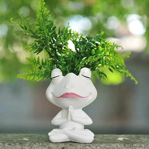 Miniatura 5 de Macetas de cara con cabeza de rana rezando, maceta de resina con orificio de drenaje