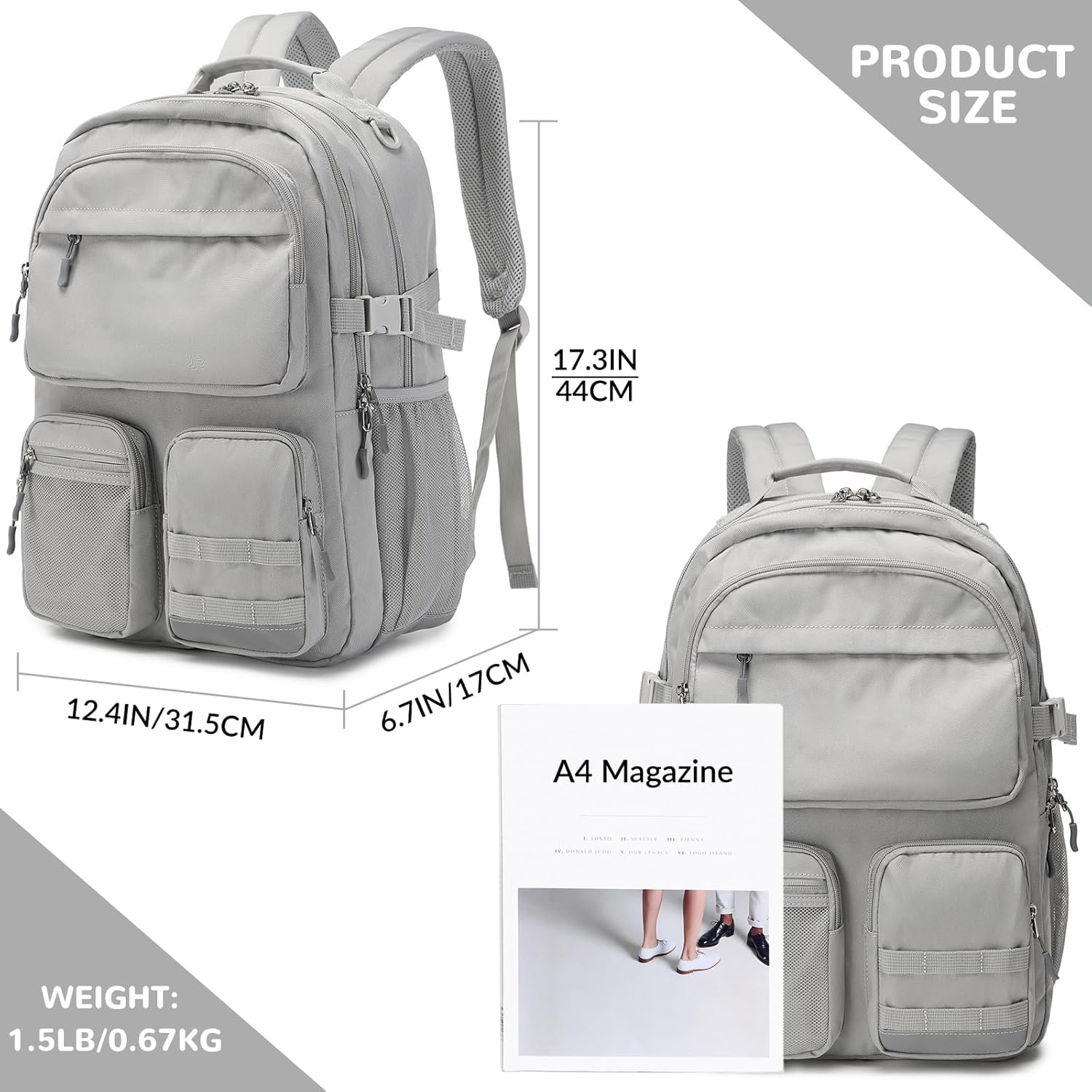 Lohol Water Resistant Backpack with Multifunctional Pockets for Teens, Durable Bookbag fits 15.6 inch Laptop for School Travel College, 25L (Grey) - Image 2