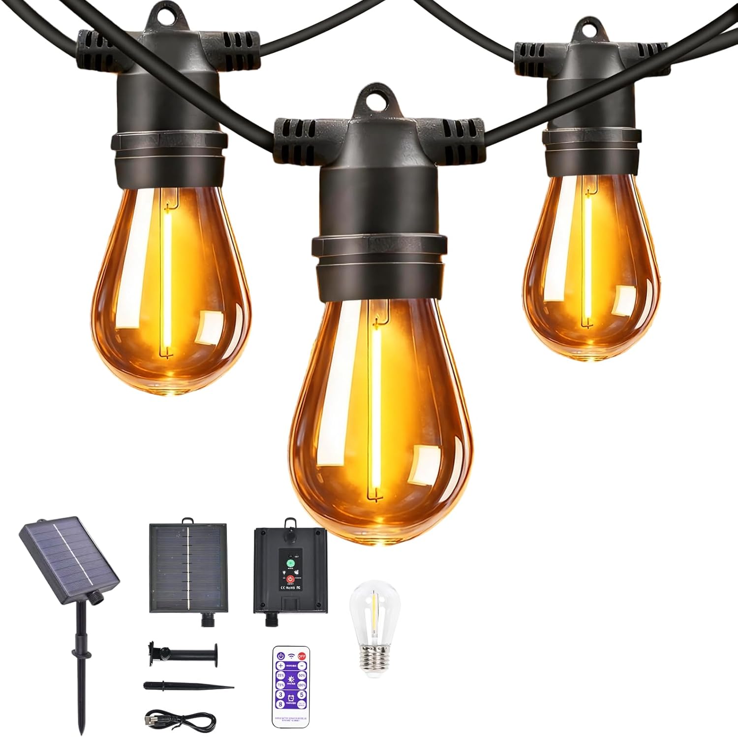 Outdoor Solar String Lights 36FT 15, Shatterproof & Waterproof LED Patio Lights with Remote, Dimmable & Timer Functions, 2700K Warm White Commercial Grade Decorative Hanging Lights