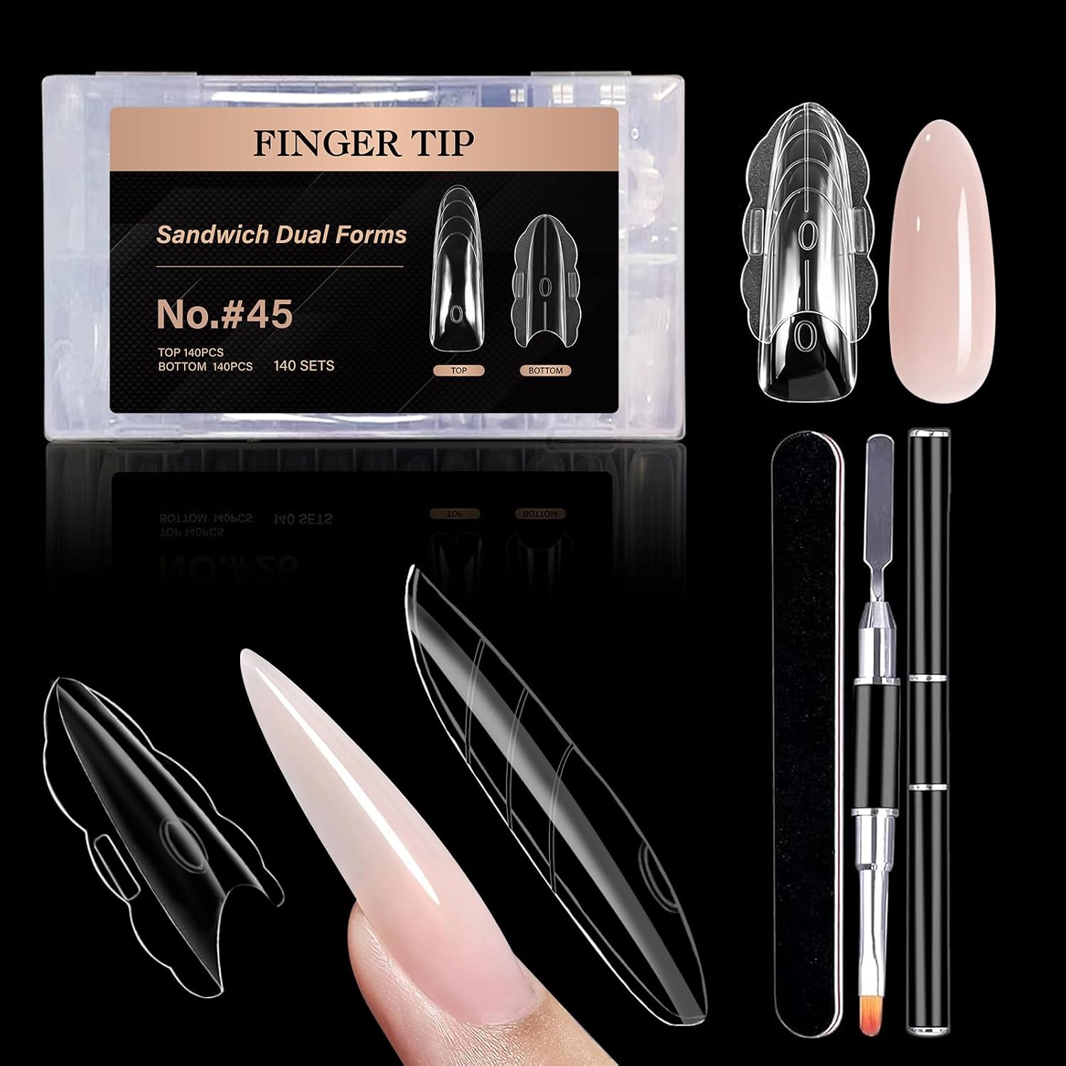 280PCS Reusable Dual Nail Forms for Polygel & Gel Extensions Kit | 15 Sizes Acrylic Nail Extension Molds with Brush & File, Easy Pop-Off Nail Tips System for Salon & DIY Home Use