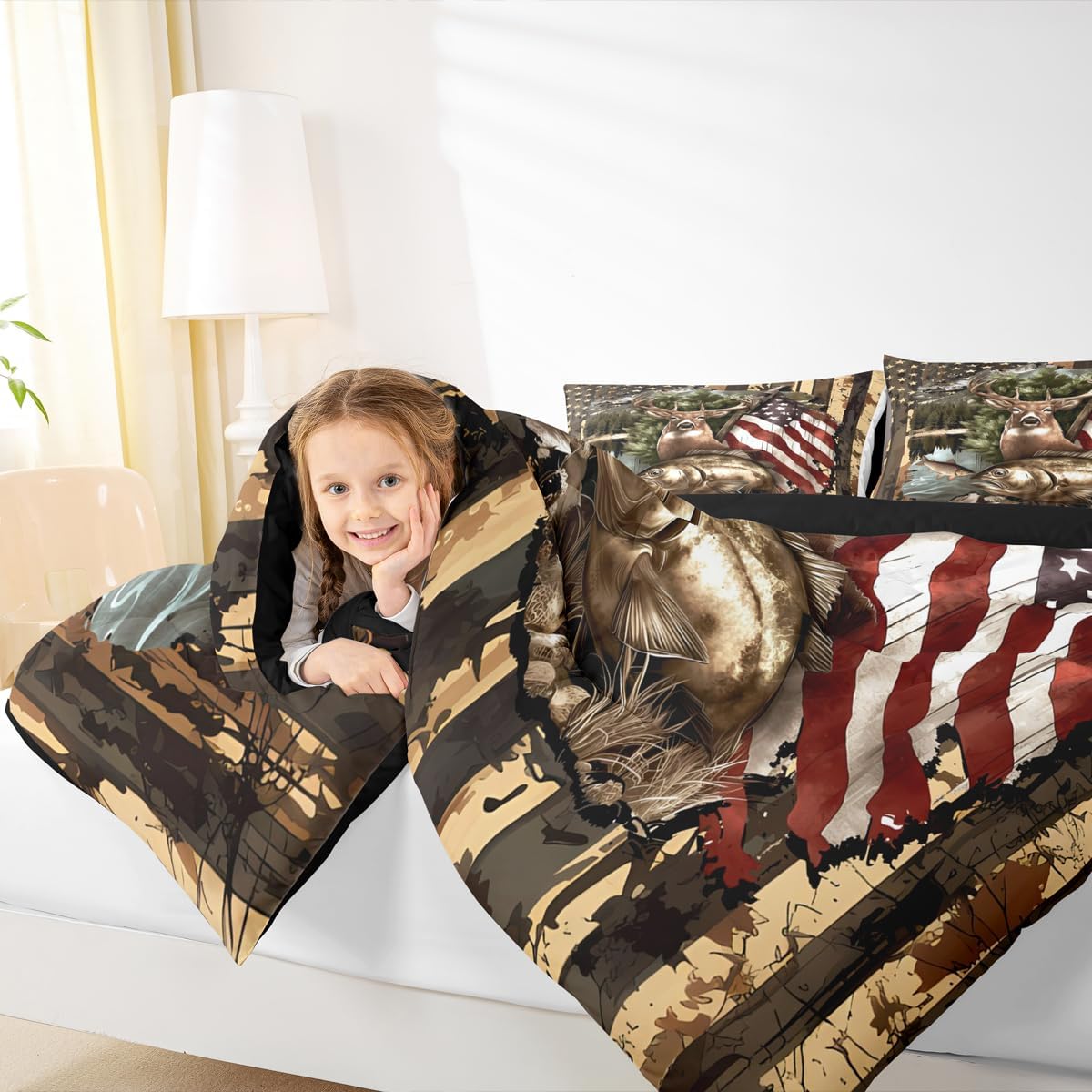 Feelyou Cute Deer Comforter Set All Season Pike Fish Bedding Set with 2 Pillow Cases Fishing and Hunting Microfiber Kids Full Bedclothes Farmhouse Lodge Country Bedroom Decor Duvet Quilt Soft