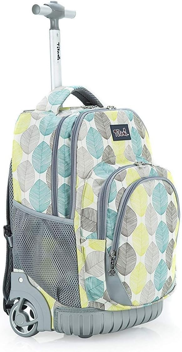 Kids Rolling Backpack 18 inch Boys and Girls Laptop Backpack, Leaves
