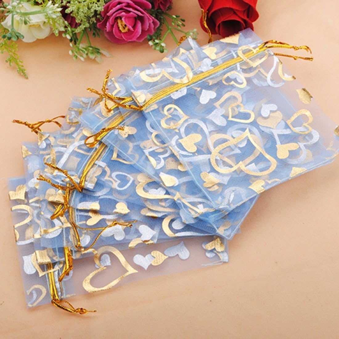 100pcs Organza Drawstring Wedding Birthday Christmas Holiday Gift Candy Bags Jewellry Package Pouch 912cm/3.54.5''(light blue heart)