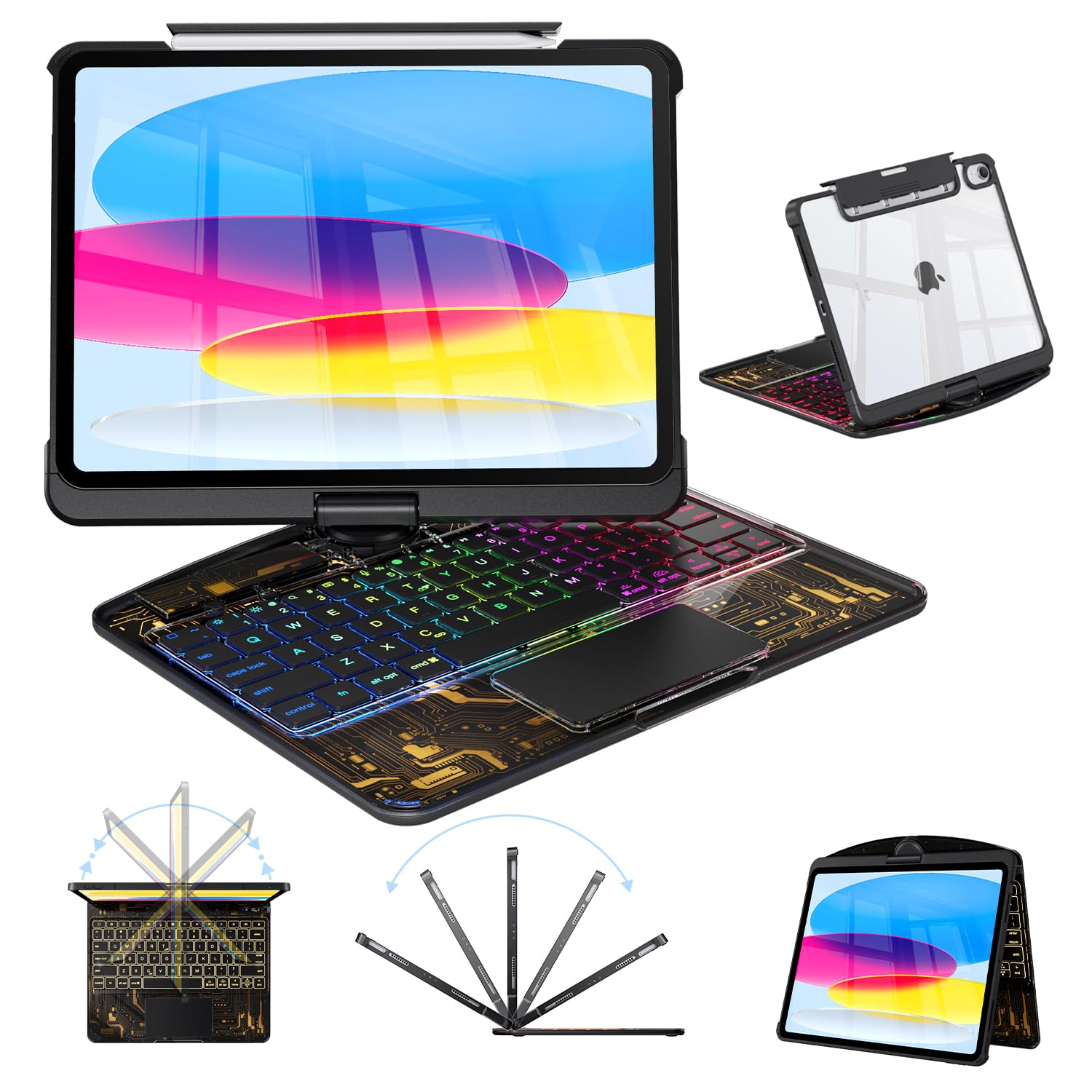 Keyboard Case for iPad (A16) 11th Gen 11'' 2025/10th Gen 10.9'' 2022, Black | Clear Wireless Keyboard Protective Cover, Multi-Touch Trackpad, 360° Rotatable Stand, 7-Colors Backlit, Pencil Holder