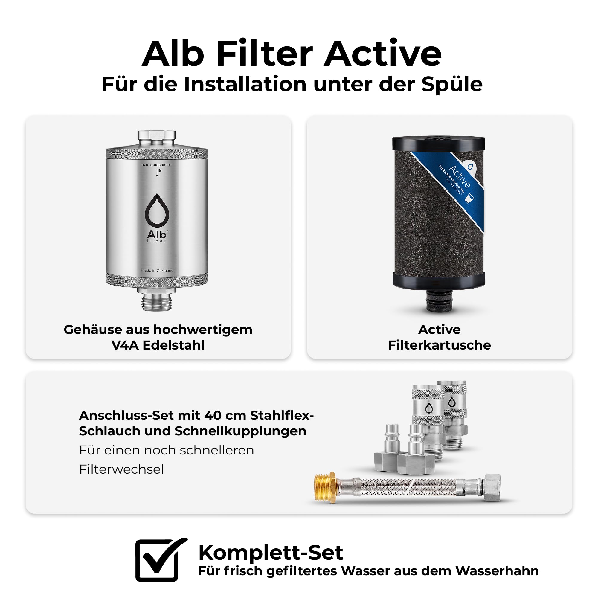 Alb Filter UNTERTISCH ACTIVE Wasserfilter Küche Edelstahl Natur | Reduziert Schadstoffe, Chlor & Geschmack, Untertischfilter Küche, Anschluss-Set Schnellkupplung, Made in Germany