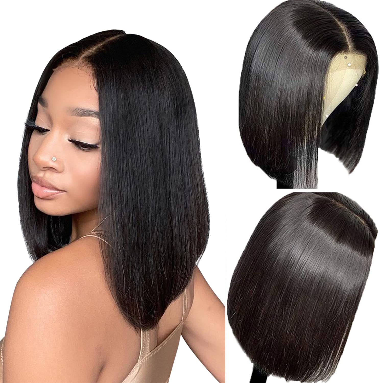 ZHUO JIA 14Inch Short Bob Wig Human Hair HD Transparent Bob Lace Front Wigs Human Hair Glueless Brazilian Straight Human Hair Bob Wigs for Black Women T part Lace Frontal Wigs 150% Density