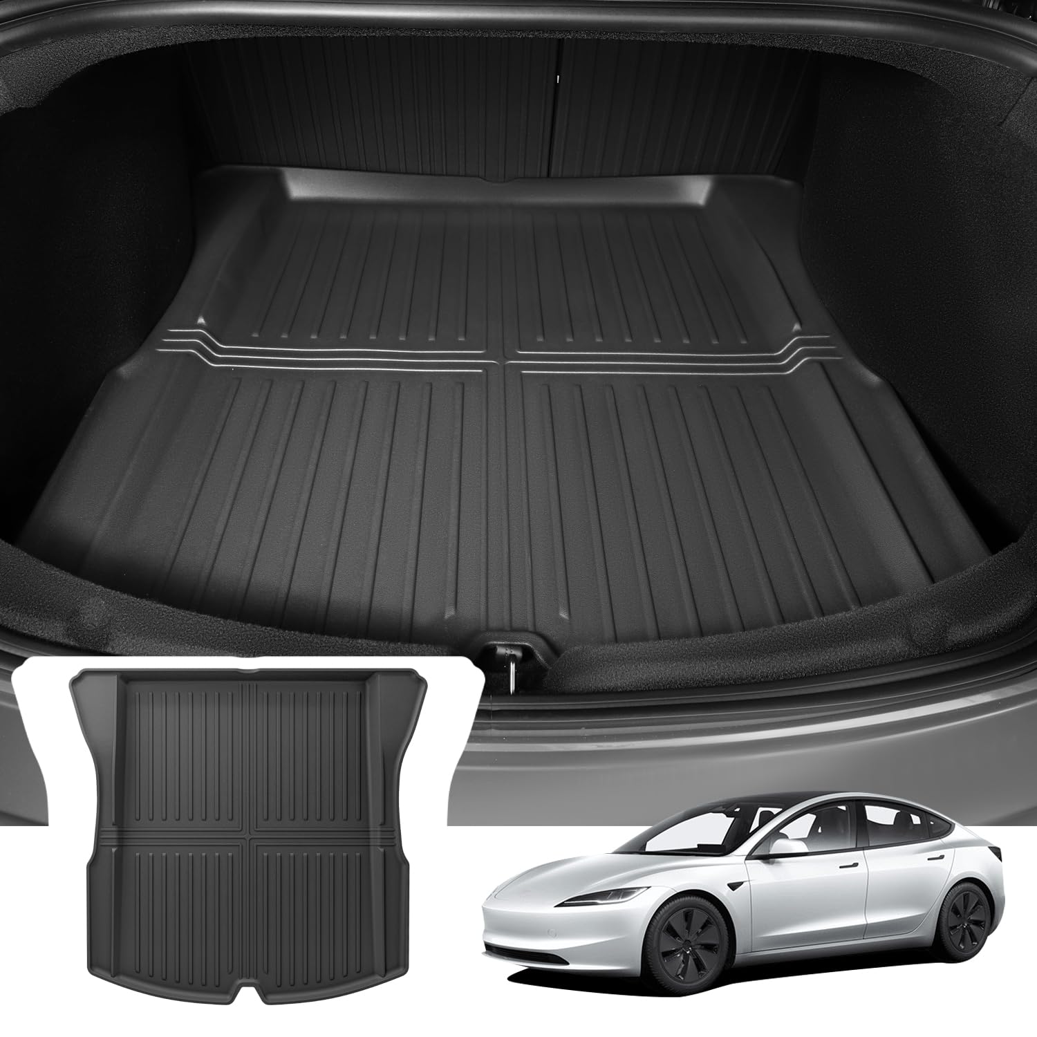 Tappetini per Bagagliaio per Tesla Model 3 2024 2025, Tappetino Bagagliaio in TPE per Tesla Model 3 Highland, Tappeto Baule Anteriore e Posteriore, Nero