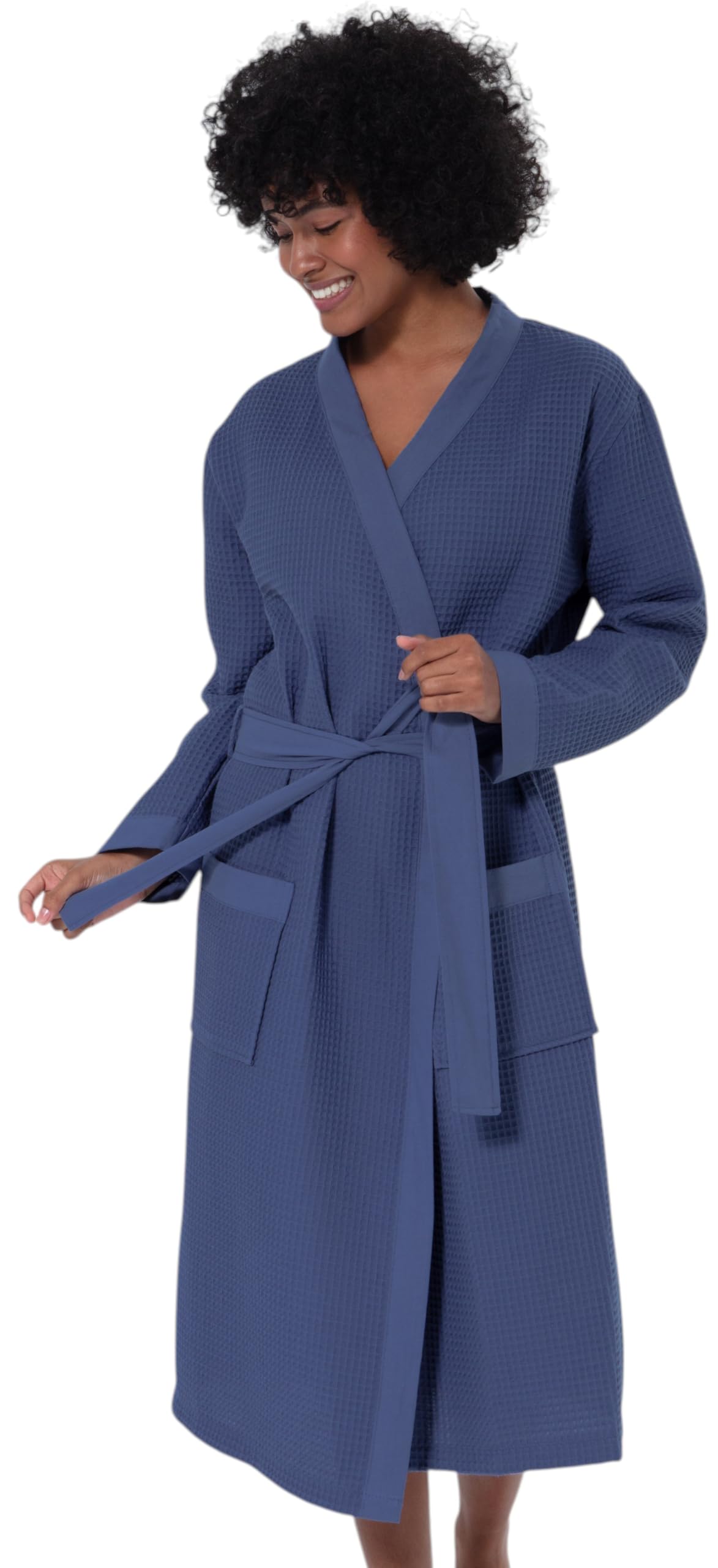 SEYANTE Womens Organic Cotton Waffle Kimono Hooded Robe GOTS Certified Lightweight Full-Length Spa Bathrobe with Piping