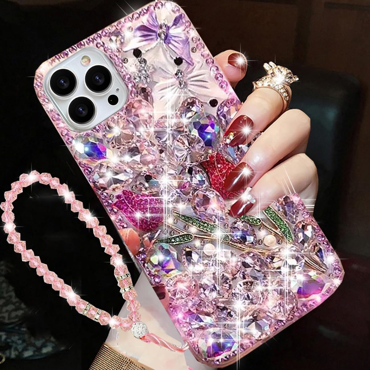 Changjia for iPhone 17 Pro Max Glitter Bling Case, Cute Luxury 3D Sparkle Rose Flowers Butterfly Crystal Rhinestones Diamond Pearl with Lanyard Wrist Strap Women Girls Case for iPhone 17 Pro Max, Pink image 5