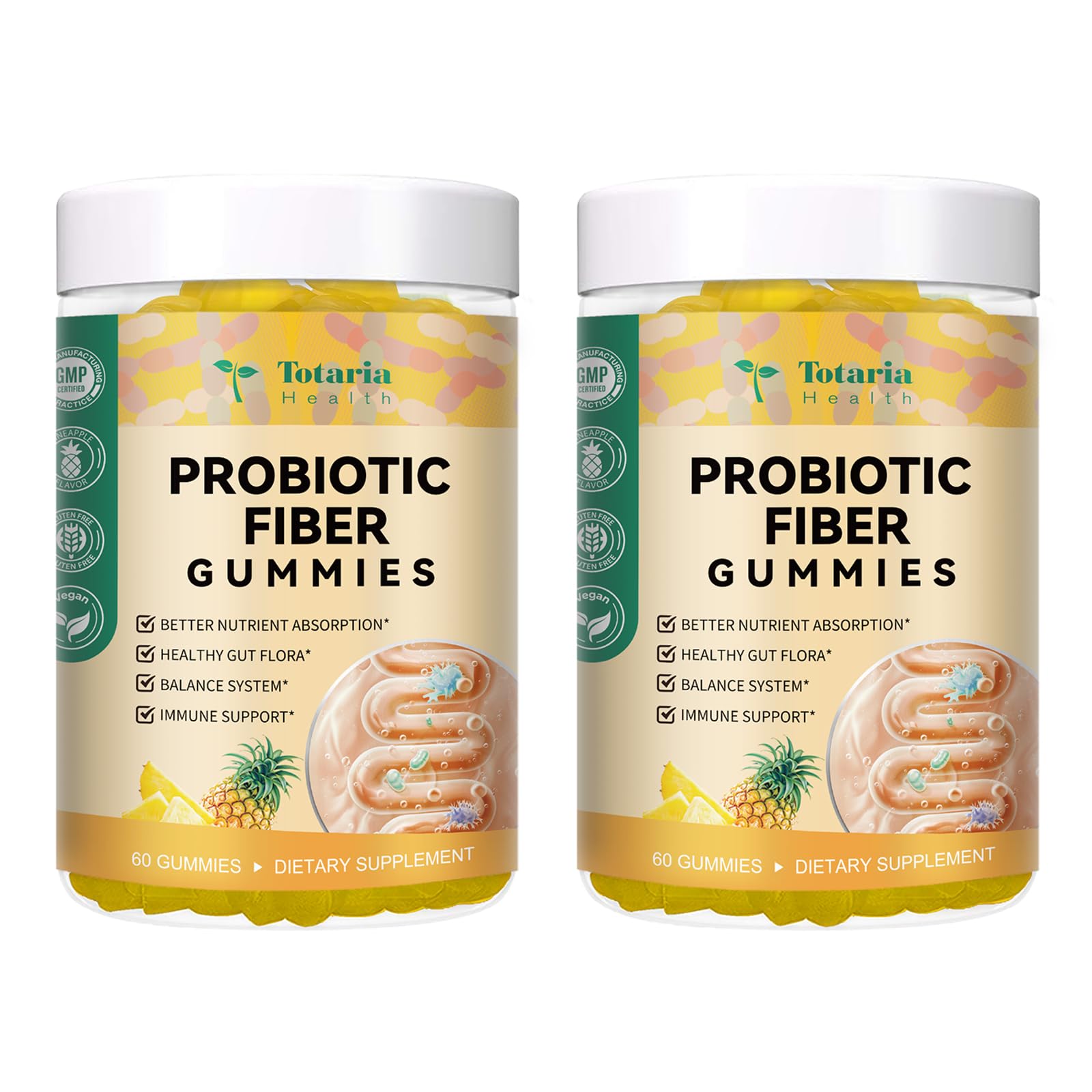 Totaria Fiber Gummies Pineapple 2 Bottles Pineapple 60 Count (Pack of 2)