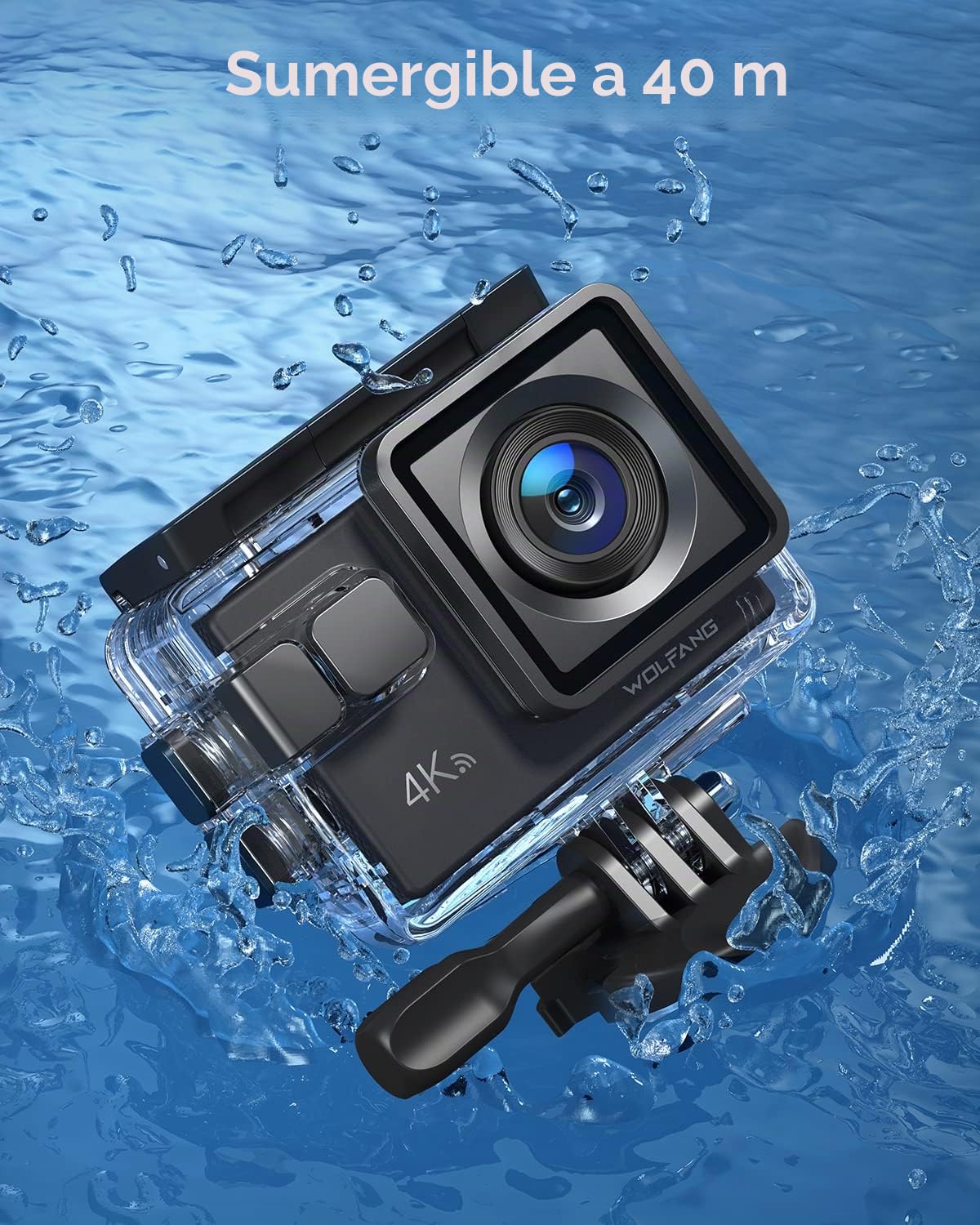 WOLFANG Cámara Deportiva GA100 4K 30FPS, Videocámara de Casco WiFi de 20MP con EIS Antivibración, Cámara Subacuática Buceo 40M con Micrófono Dual, Control Remoto, 2 Baterías, Varios Accesorios