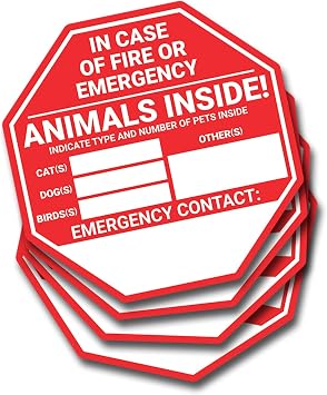 Pet Rescue Sticker - Fire Safety - 4 Pack Emergency Pet Window Decals - Door & Window Stickers - Dog Cat Rescue Decals - 5 Inch Designs Emergency Stop Sign