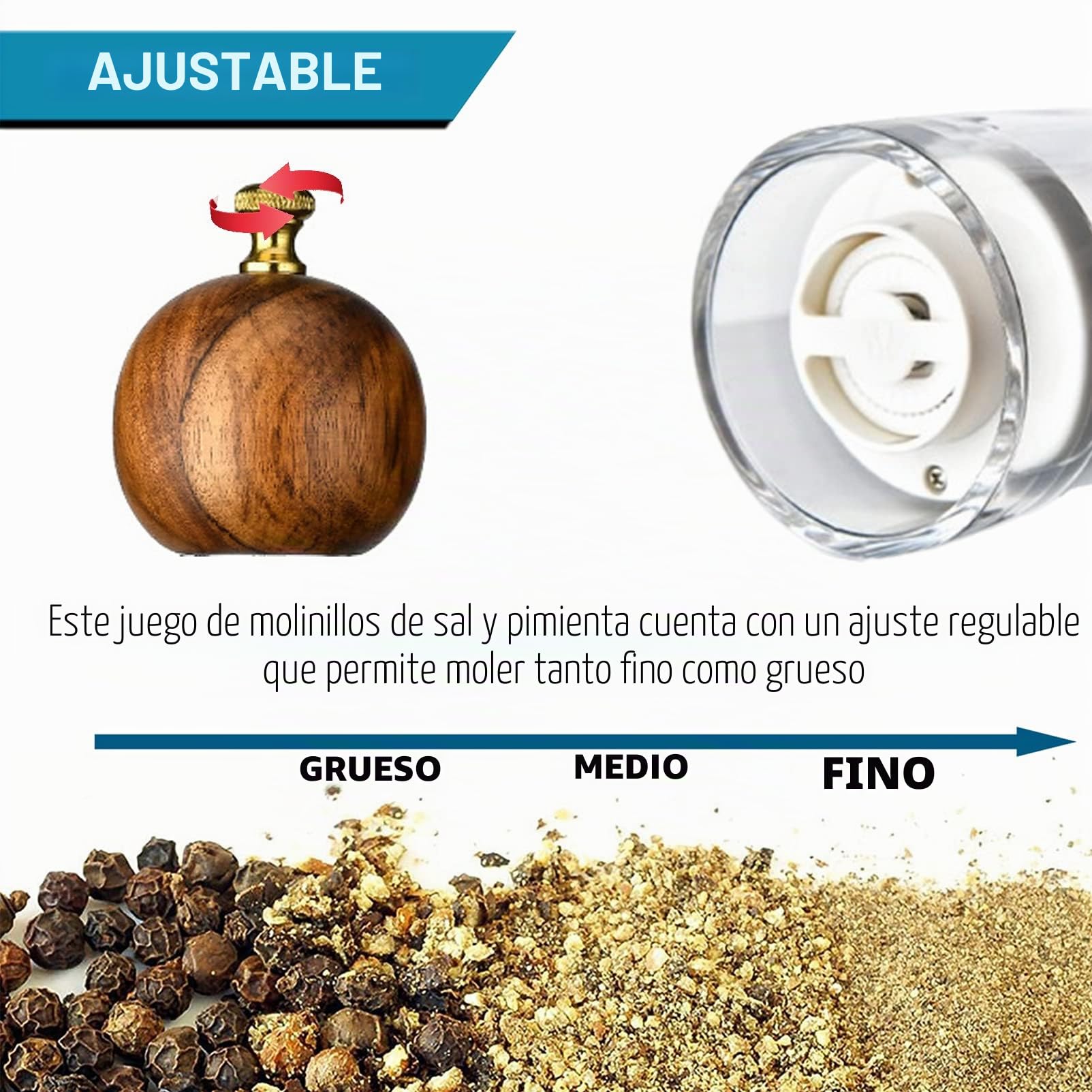 Molinos De Pimienta, Molinillo De Sal Y Pimienta, Botella De Condimento De Molino De Sal Pimienta De Gran Capacidad 2PCS 8in, Molino De Tamaño Partícula Ajustable Para Especias