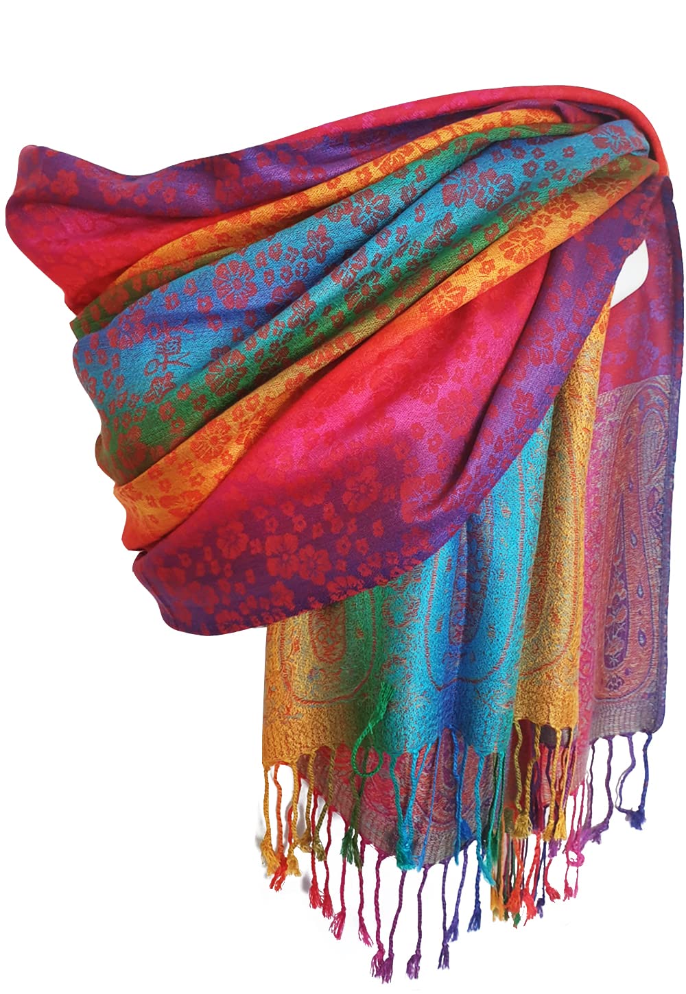 Glamlondon Women's Rainbow-Colourful-Pata01 Rainbow Multi-Colour Pashmina Colourful Paisley/Roses/Patches/Peacock Feather Soft Shawl (Rainbow-Colourful-Pata01)