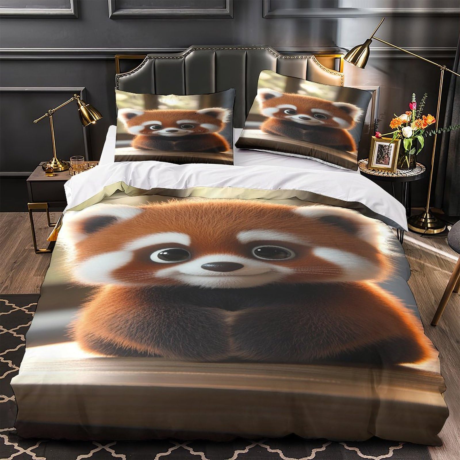 Housse de couette panda roux 260x220 cm avec 2 taies d'oreiller pour lit super king