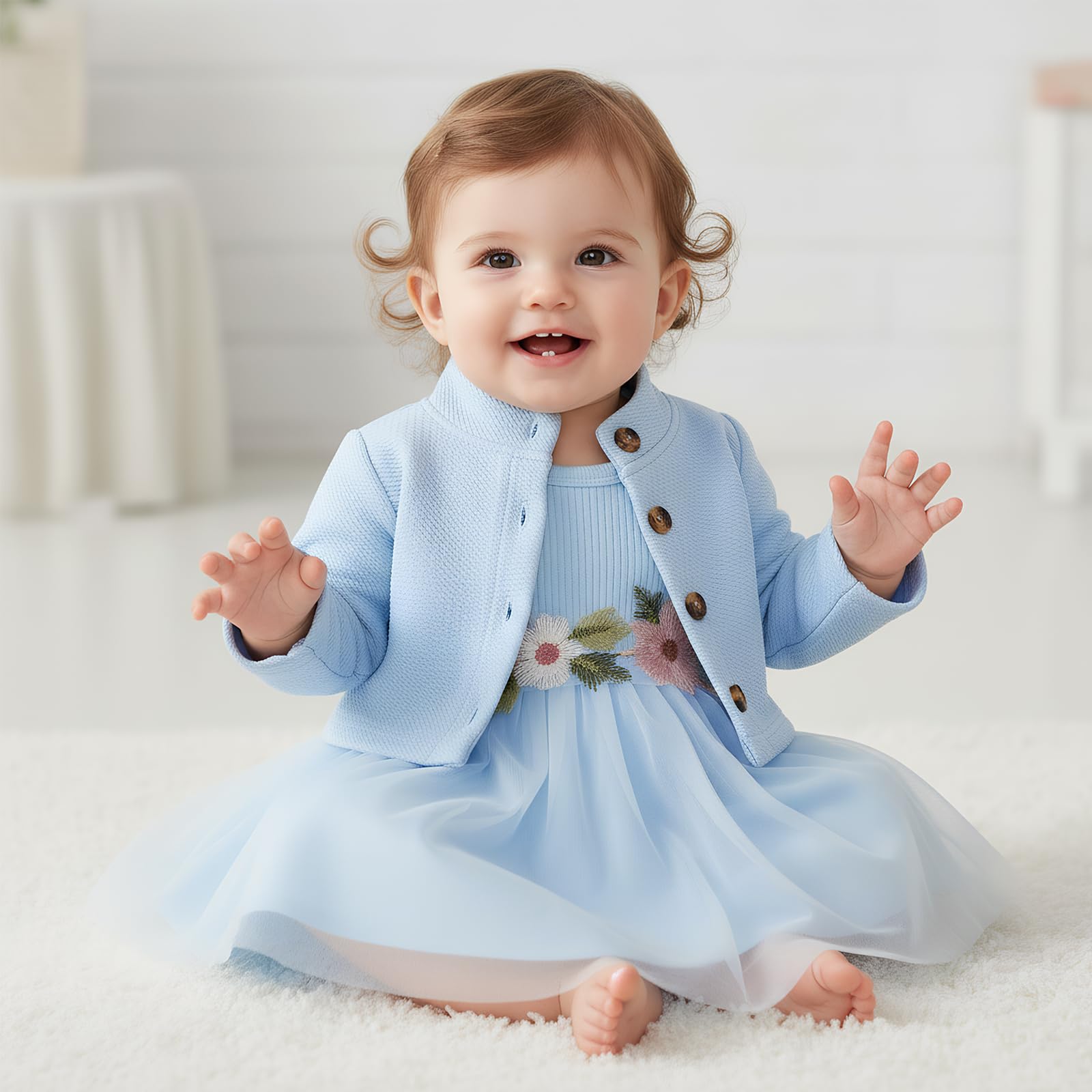 DivingBirds Baby Mädchen Kleid und Strickjacke 2pcs Set Floral Print Schmetterling Tüll Kleider Kleinkind Langarm Waffel Mantel Kleidung für Mädchen 3 Monate-3 Jahre