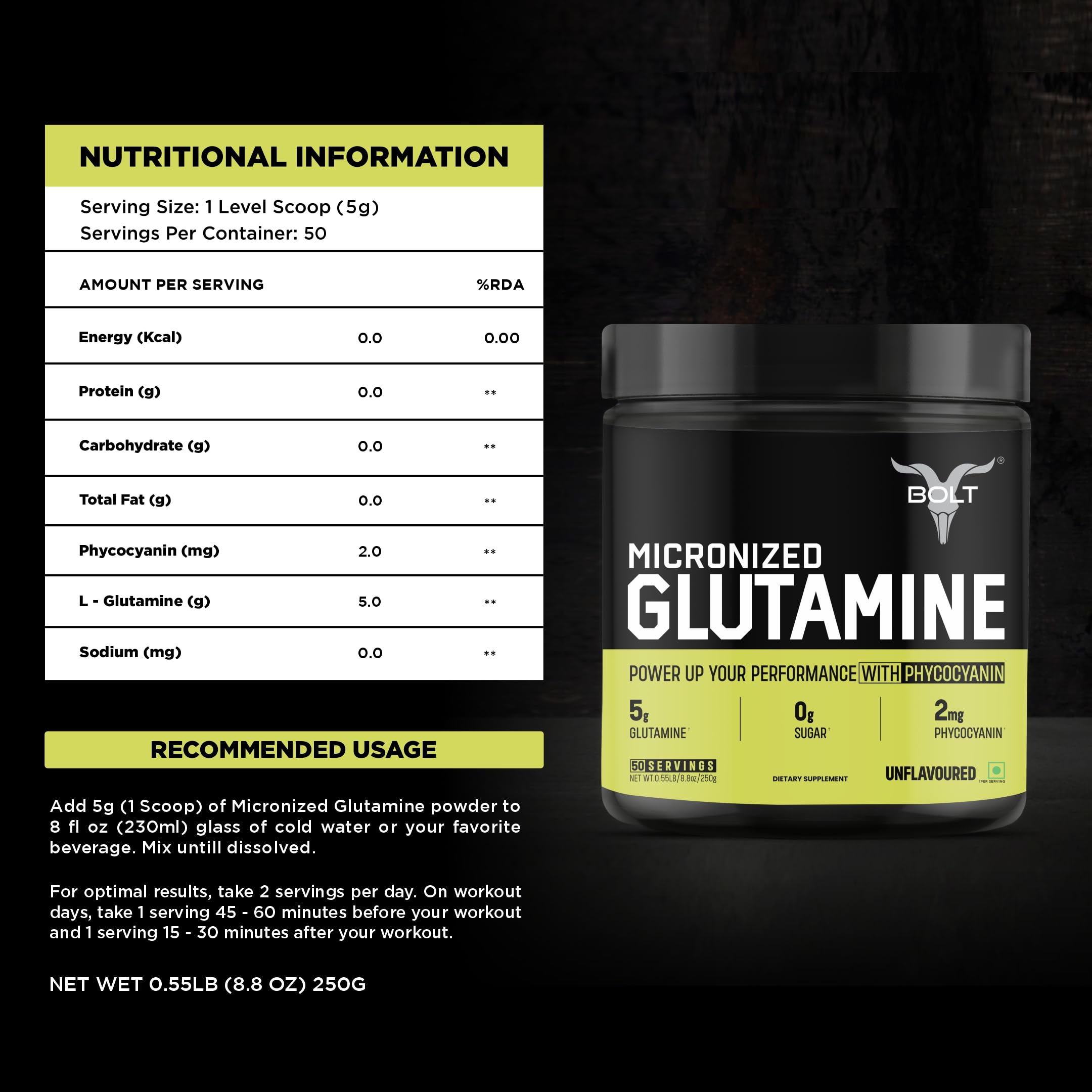 Bolt Nutrition Pure L-Glutamine Powder,5g Glutamine, 50 Servings - Post Workout Supplement for Muscle Growth & Recovery - 250g, Unflavoured — Amazon image 4