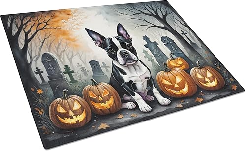 Caroline's Treasures DAC2022LCB Boston Terrier Spooky Tabla de cortar de vidrio de Halloween Tabla de cortar y servir de vidrio templado decorativa