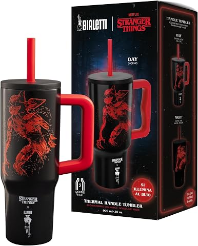Bialetti Stranger Things Saplı Termos Bardak Pipetli Kapak - Karanlıkta Parlayan - Mükemmel Sıcaklık Koruma Özelliği - Bulaşık Makinesinde Yıkanamaz - 900 ml