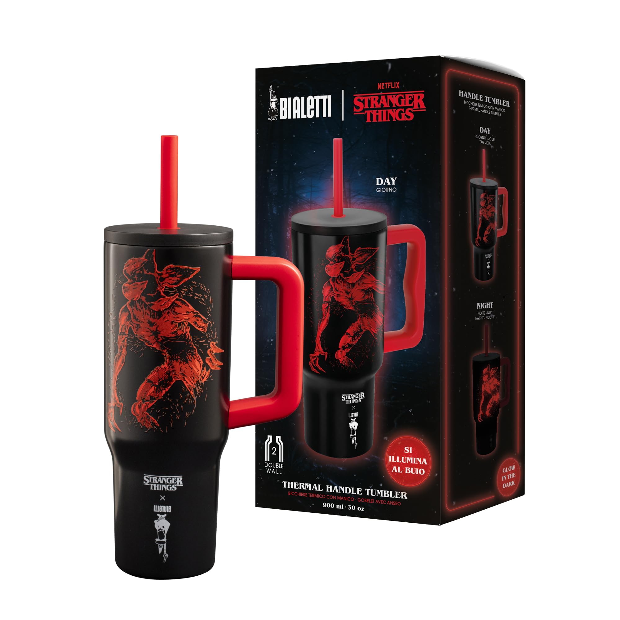 Bialetti Tumbler Termico con Manico Stranger Things, Tappo con Cannuccia, si illumina al buio, perfetta tenuta della temperetura, no Lavastoviglie, 900 ml