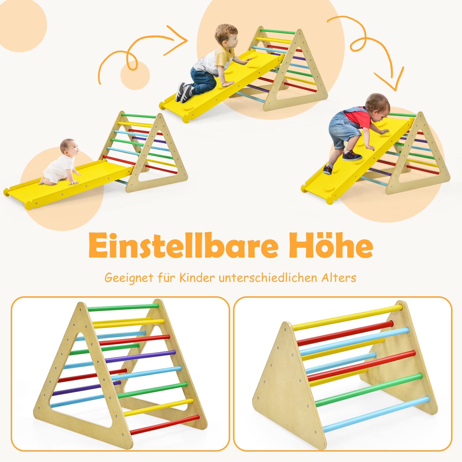 DREAMADE 3 in 1 Kletterdreieck mit Rutschbrett & Leiter, Indoor Klettergerüst klappbar, Holzdreieck Sprossendreieck Klettergerät, Kletterspielzeug Set aus Holz, für Kinder ab 3 Jahre (Bunt)
