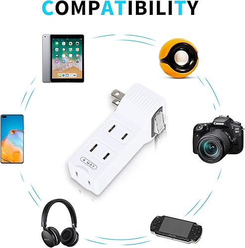 Miniatura 6 de SYCON Adaptador de pared de 4 tomas con interruptor de alimentación y luz nocturna, adaptador extensor de 2 clavijas con 4 tomas de corriente para