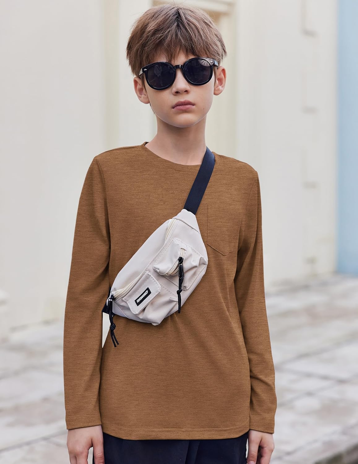 Arshiner Boys Long Sleeve Shirts Casual Crewneck T Shirt Solid Tees Tops with Chest Pocket for Kids 5-12 Years - Image 3