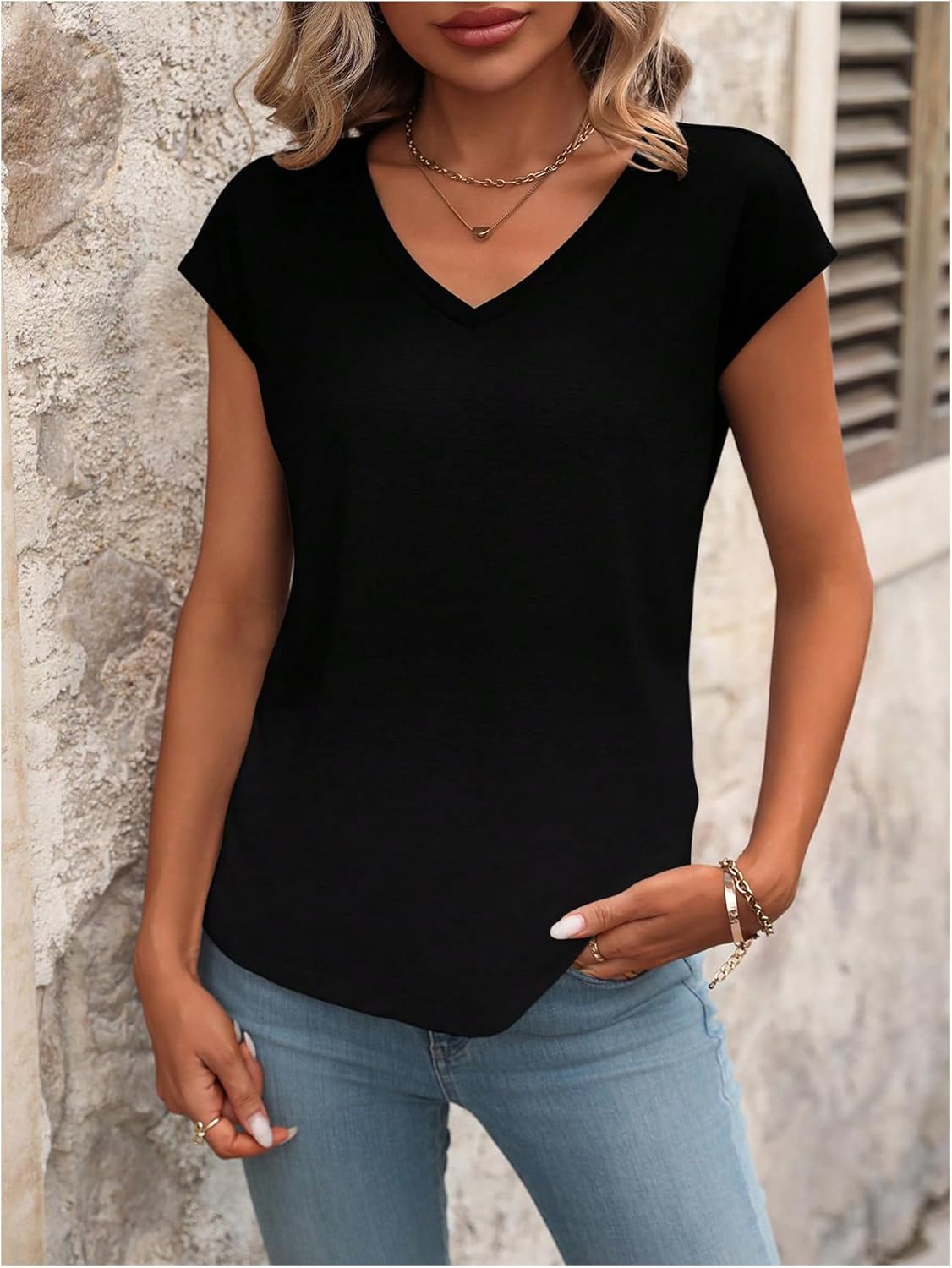 Women's V Neck Cap Sleeve T Shirts Basic Tees Summer Dressy Casual Work Tops - Image 5
