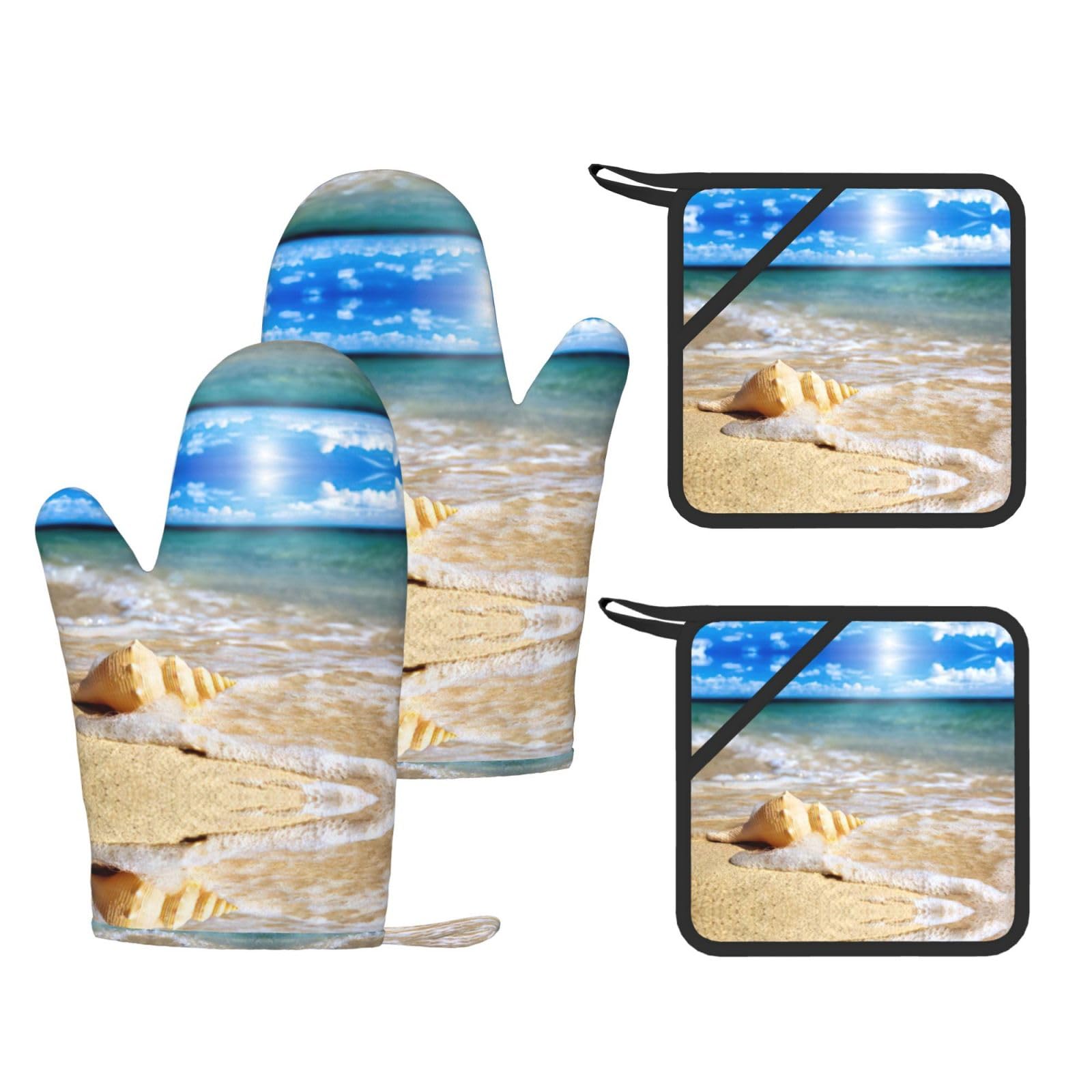 Ocean Sea Wave Seashell Printed Oven Mitts and Pot Holders Set of 4, Heat Resistant Silicone Gloves for Baking Grilling