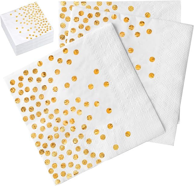 LUOCAI 60PCS Party Paper Napkins White with Gold Napkins Disposable Gold Serviettes Cocktail Napkins with Golden Dots Paper Napkins for Birthday Party Anniversary Christmas (6.5x6.5 Inch)