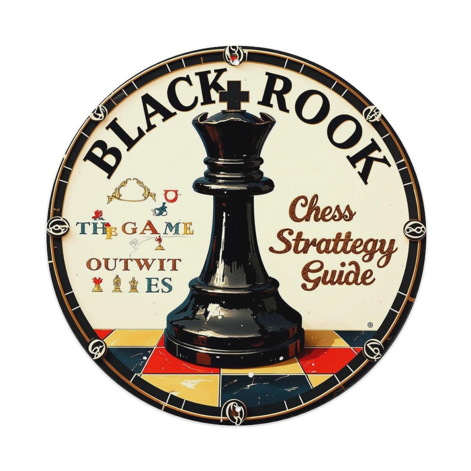 Black Rook Chess Strategy Guide Retro Metal Sign Round Tin Sign, Vintage Decor Art Poster for Bar, Home, Man Cave, Kitchen, Laundry Room Gift 8x8Inch